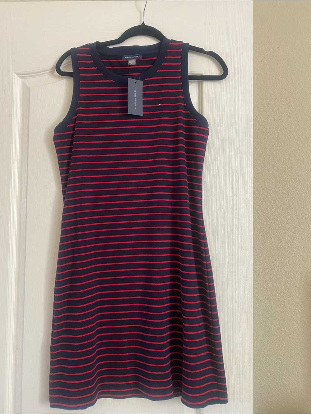 Tommy Hilfiger Navy and Red Striped Sleeveless Knit Dress